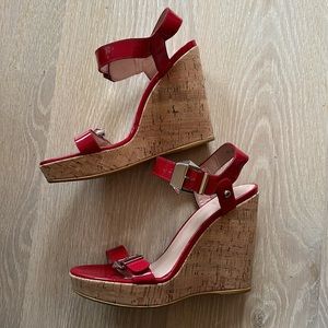 Stuart Weitzman Wedge Cork Red Patent Leather Sandals Size 8